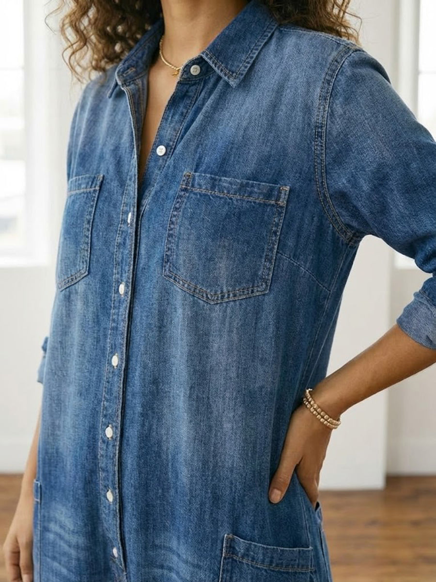 Sandy | Vintage Washed Soft Cotton Denim Jumpsuit with Button Closure
