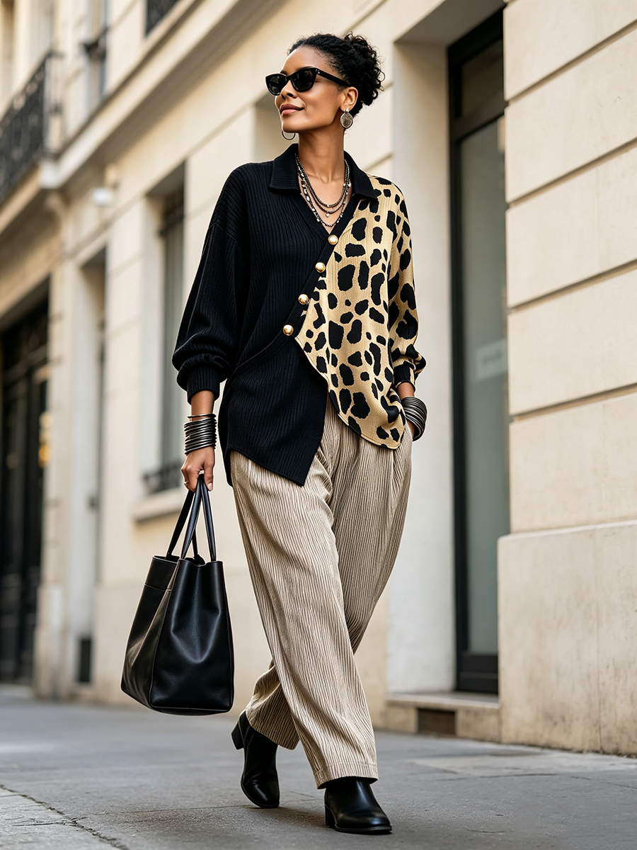 Isolvie™ | Bold Leopard Color-Block Asymmetric Sweater