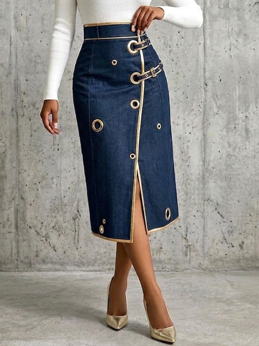 Noelle™ | High-Waist Wrap Midi Skirt with Gold Piping