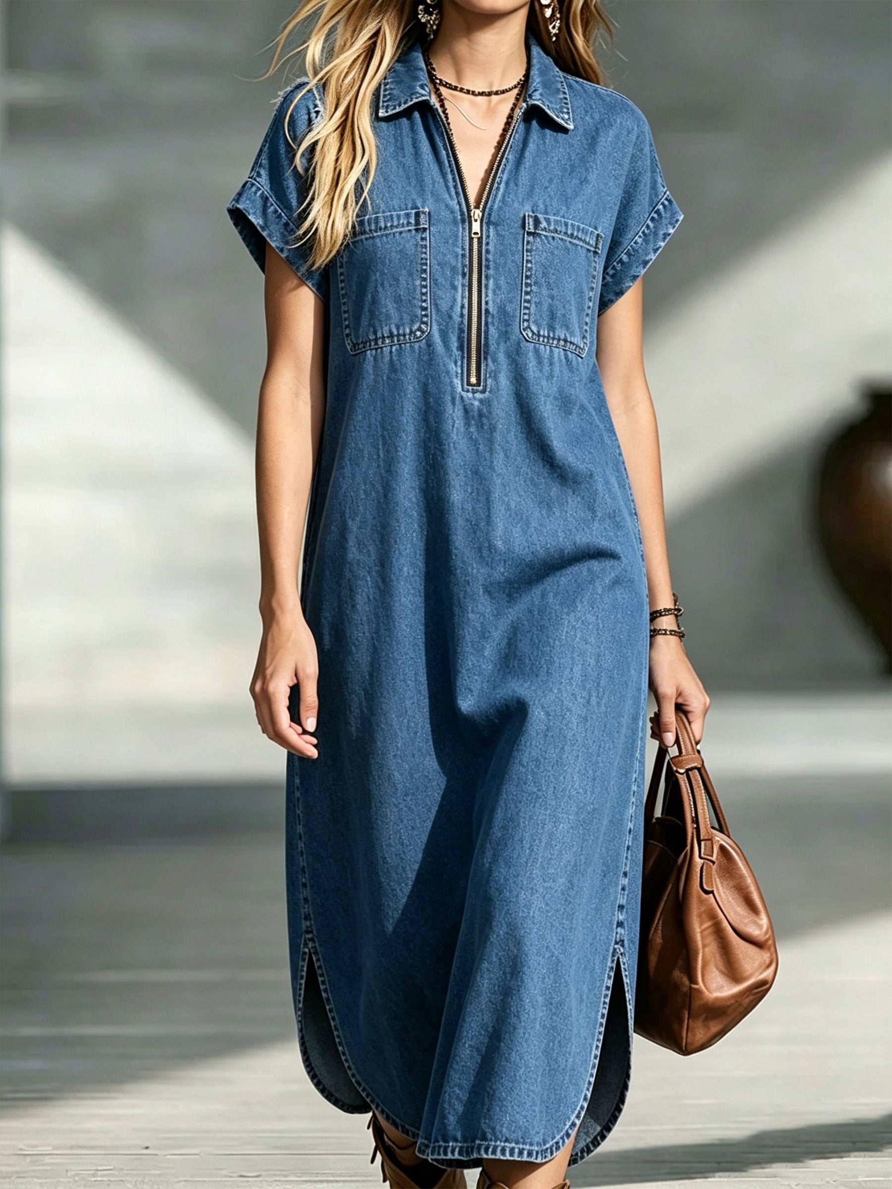 Abilene™ | Half-Zip Pocket Short Sleeve Midi Shirt Dress