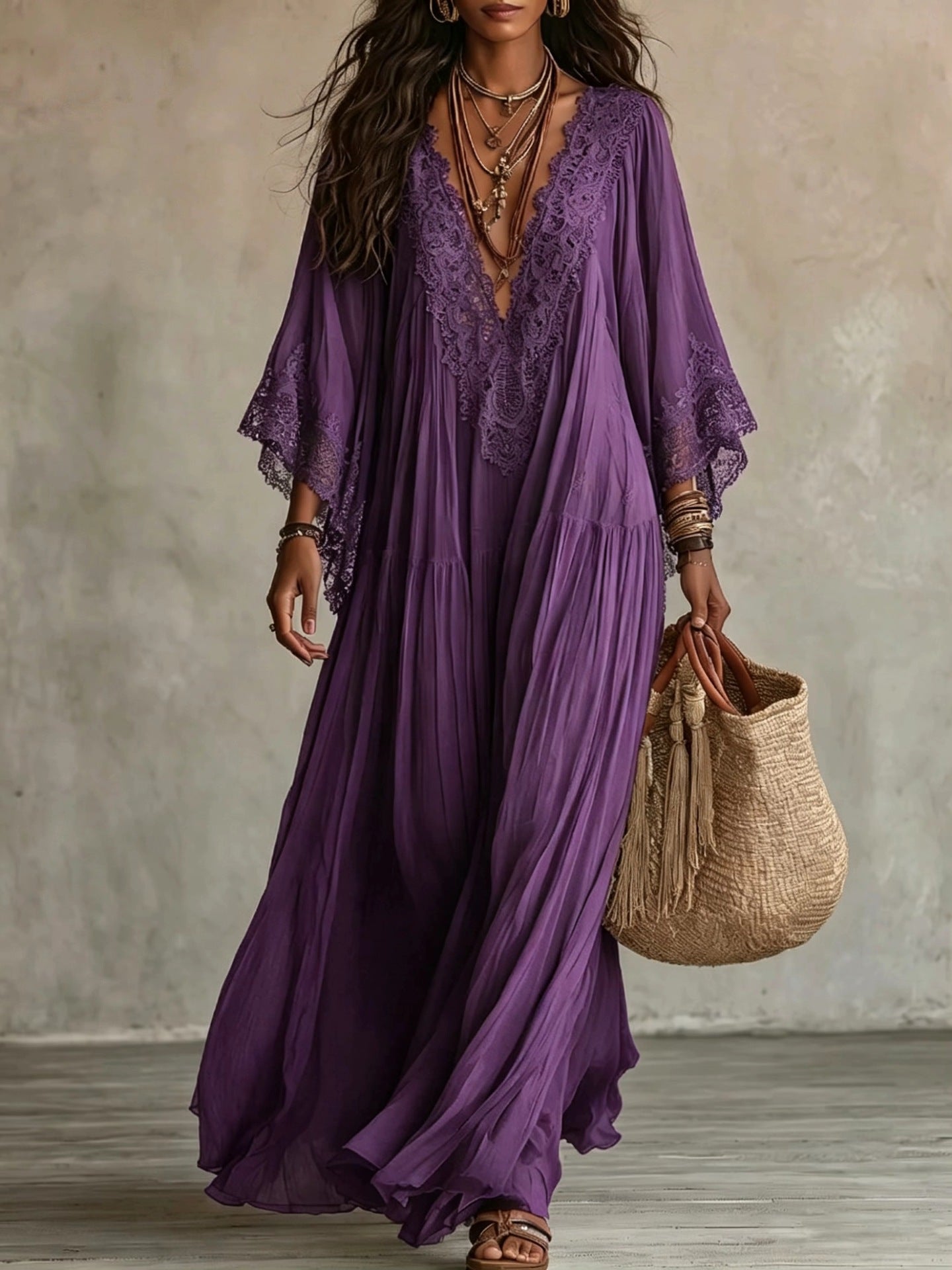 Roseveil™ | Lace-Trimmed Flowy Maxi Dress