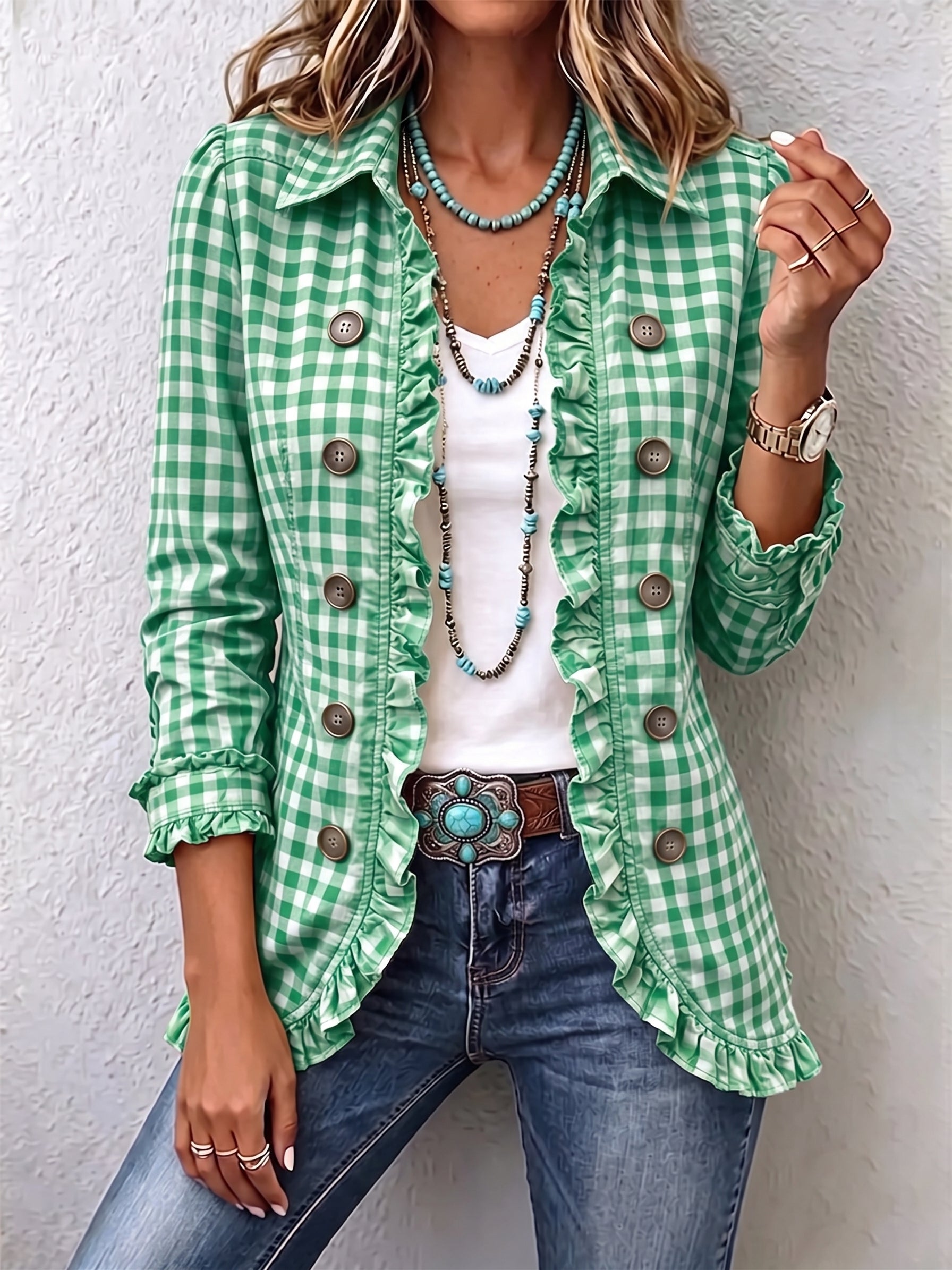 Charlene™ | Gingham Ruffled Button-Down Jacket