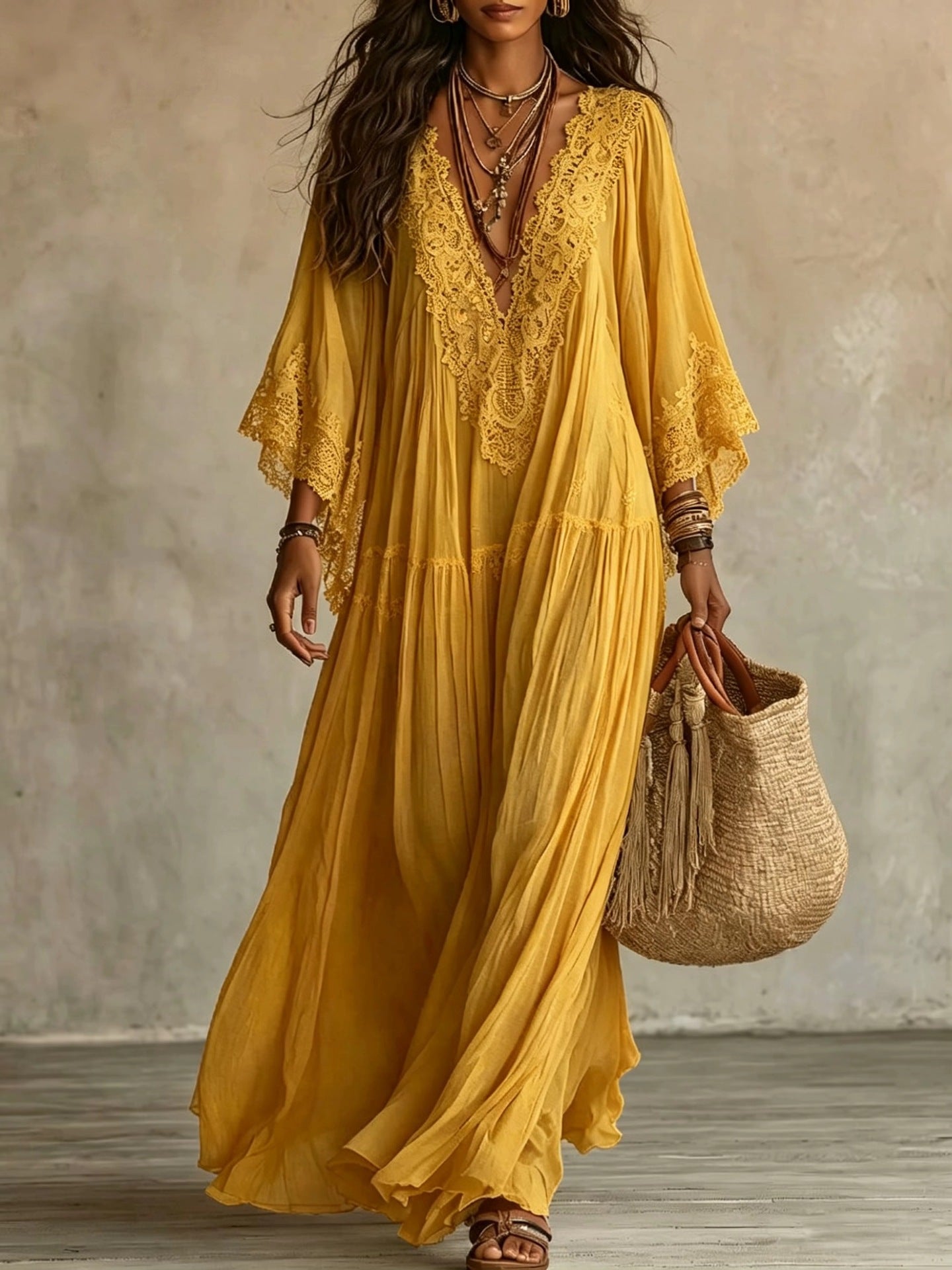 Roseveil™ | Lace-Trimmed Flowy Maxi Dress