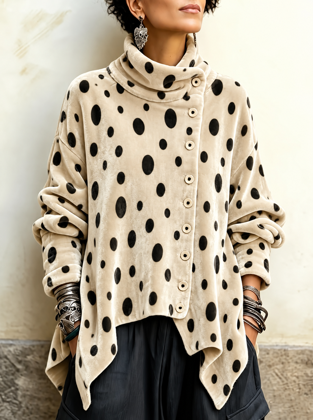 Luvelle™ | Polka Dot Cowl Neck Tunic Top