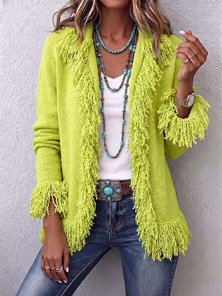 Viola | Vibrant Chartreuse Boho Fringe Cardigan