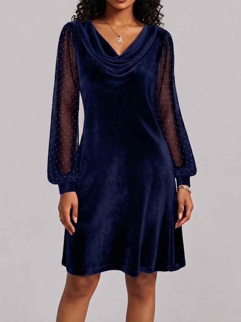 Reevaine™ | Long-Sleeve Cowl Neck Dress with Embellished Sleeves