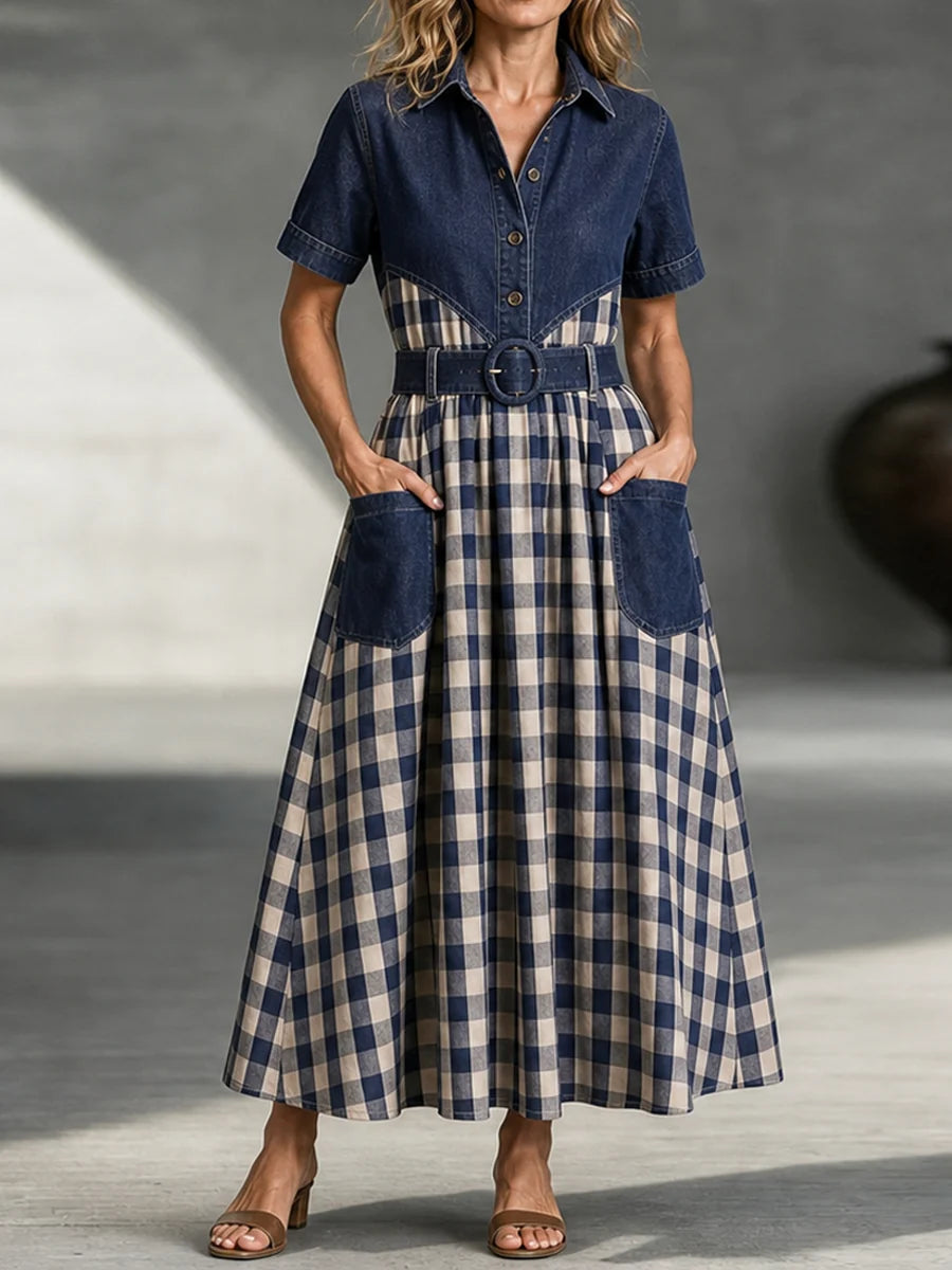 Meadowcroft™ | Vintage Yoke & Plaid Patchwork Shirt Dress With Belt