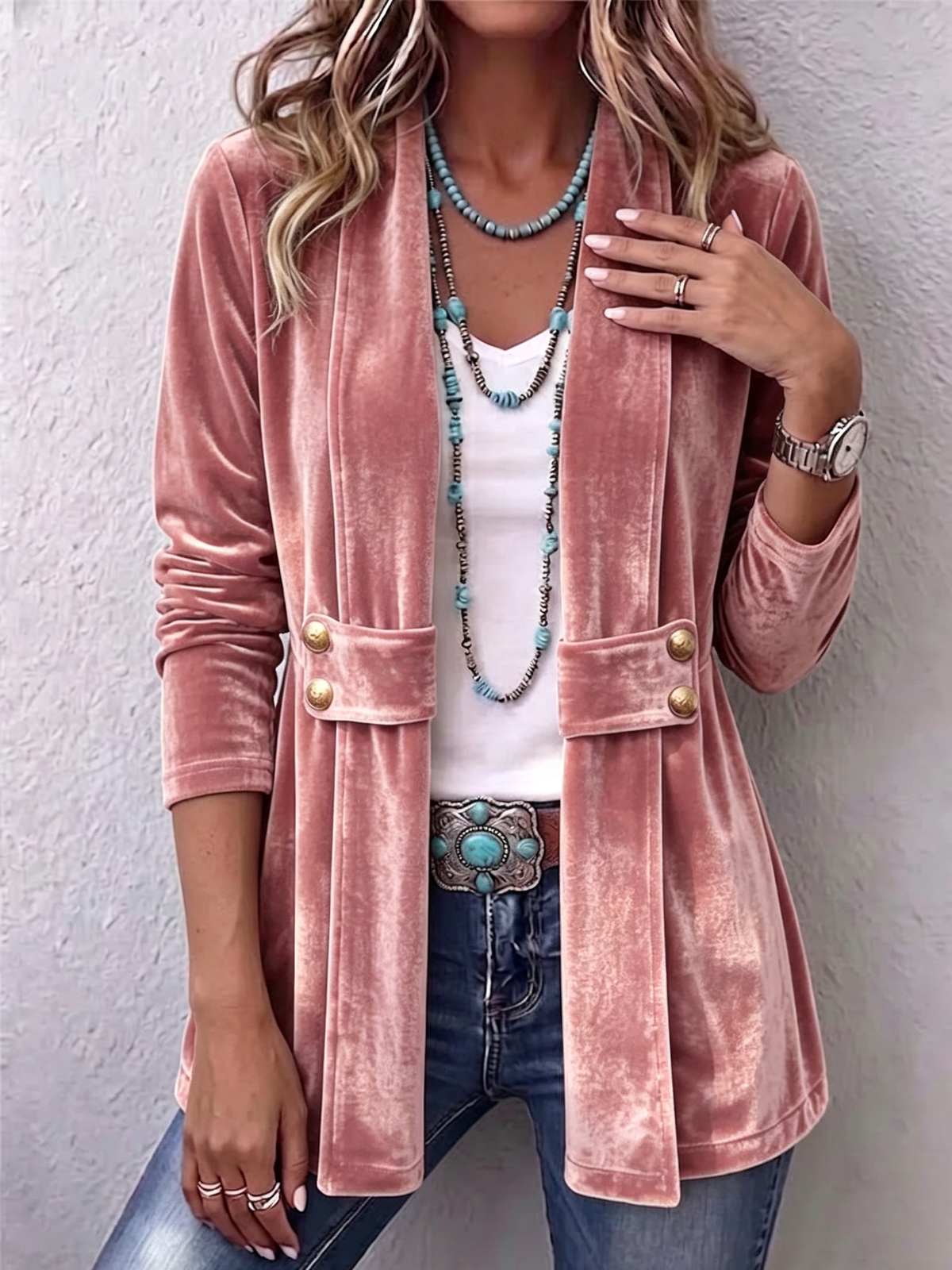 Women's Vintage Lapel Button-Accent Long Sleeve Open Front Jacket
