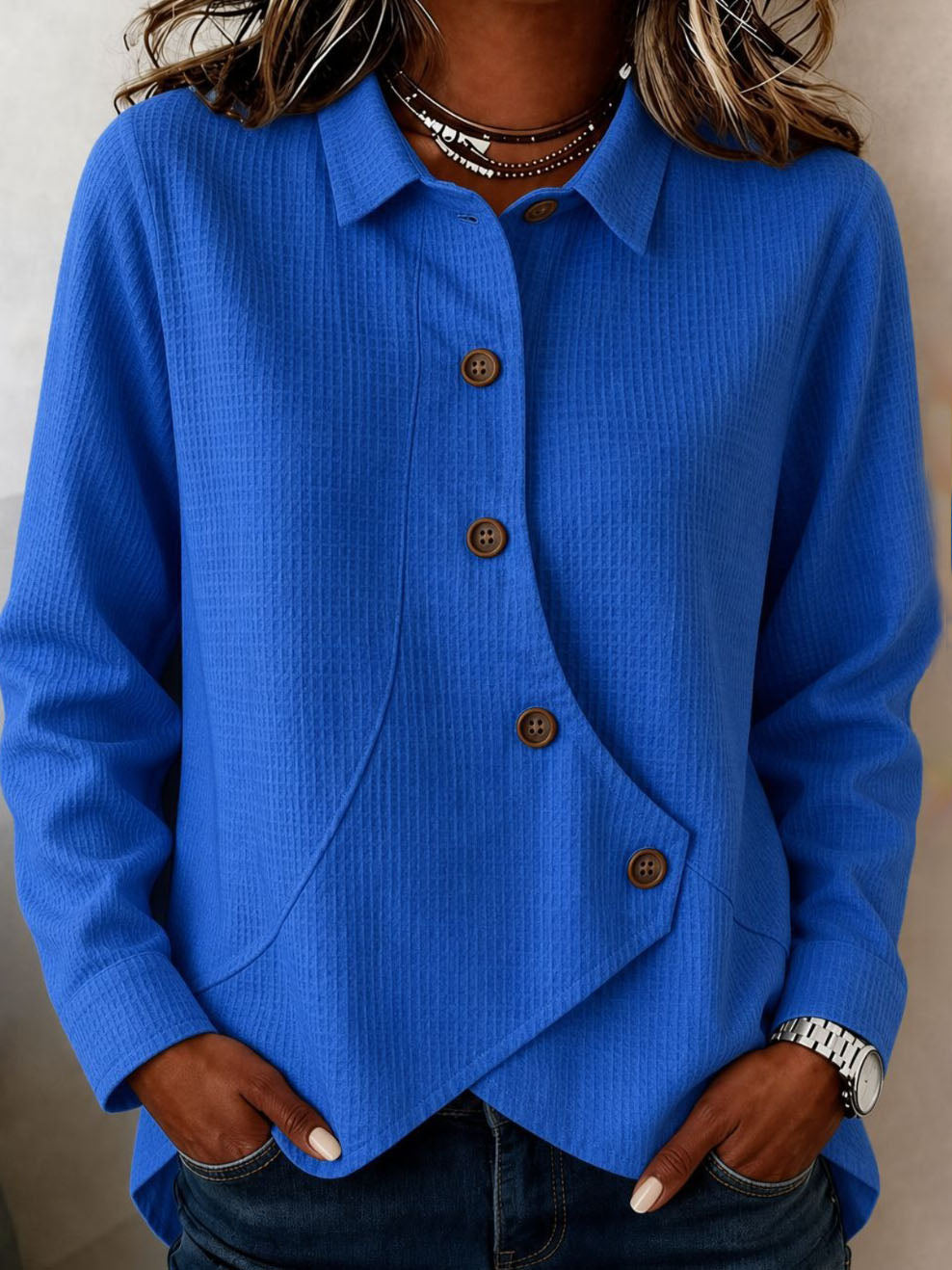 Clavine™ | Asymmetric Button-Front Collared Blouse