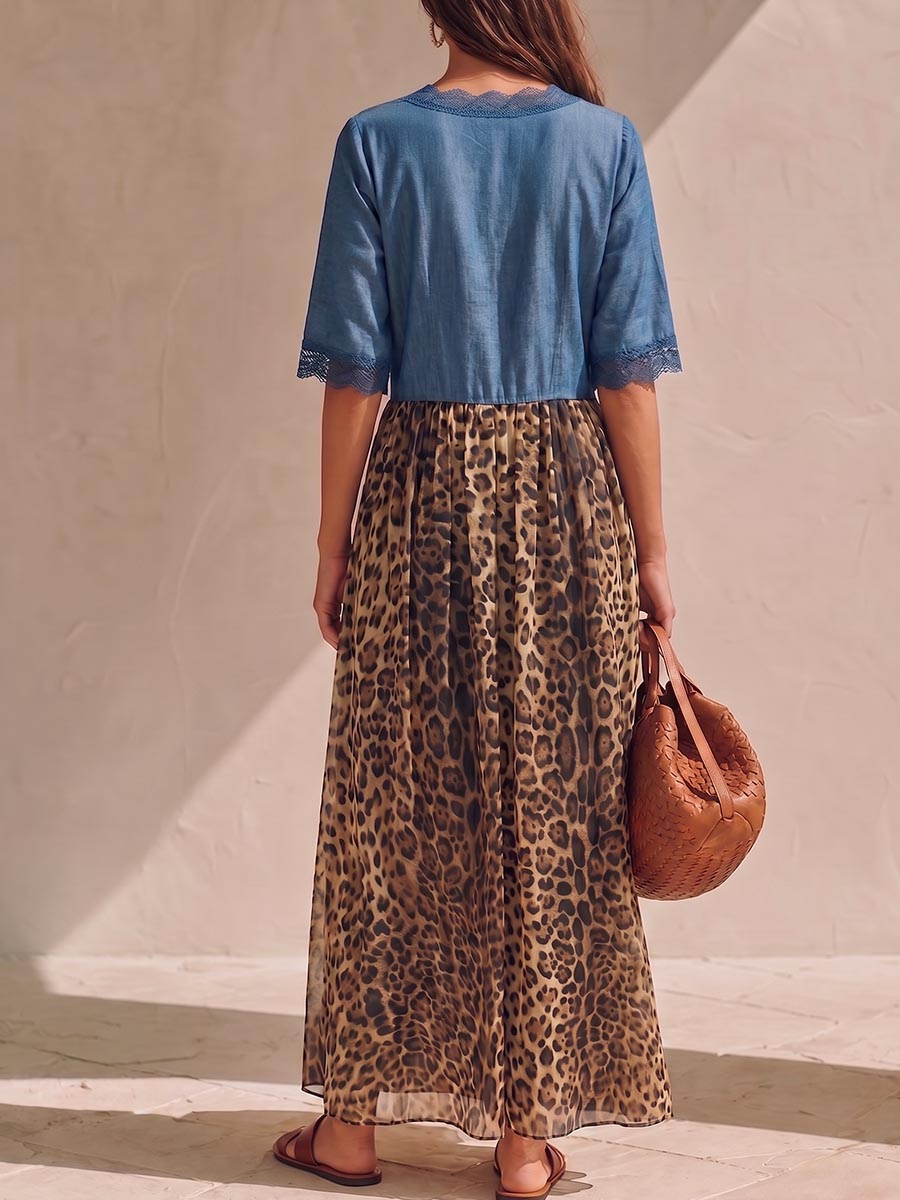 Navarra™ | V-Neck Lace-Trim Leopard Print Maxi Dress