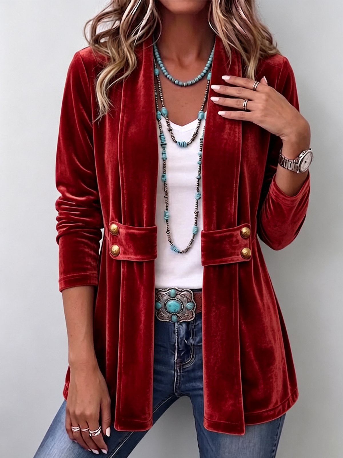 Women's Vintage Lapel Button-Accent Long Sleeve Open Front Jacket