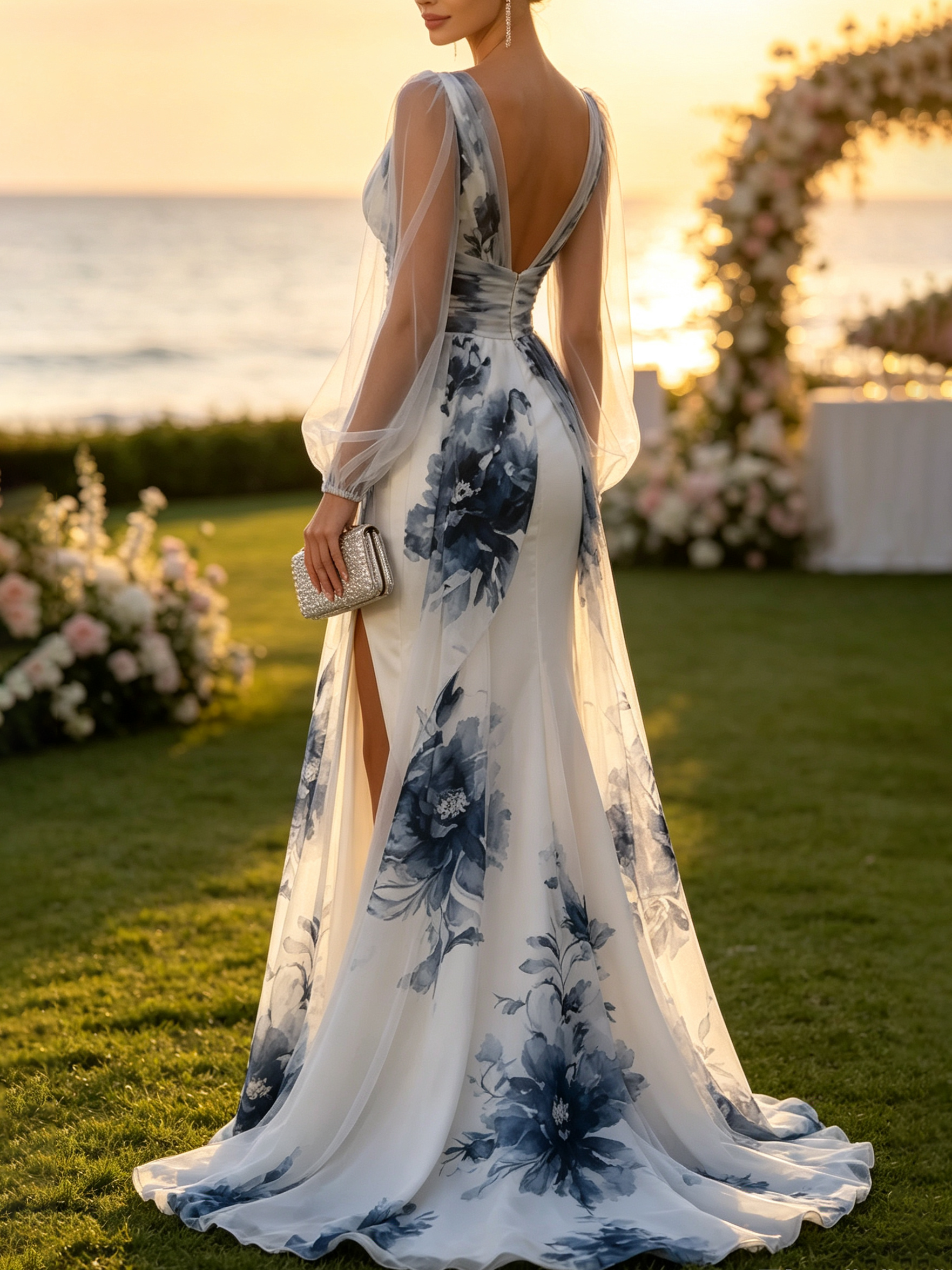 Normandelle™ | Floral Print V-Neck Slit Evening Gown