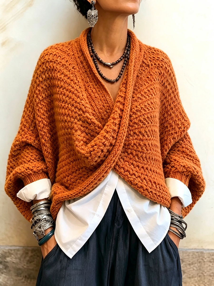 Paulina™ | Relaxed Batwing Sleeve Crossover V-Neck Sweater