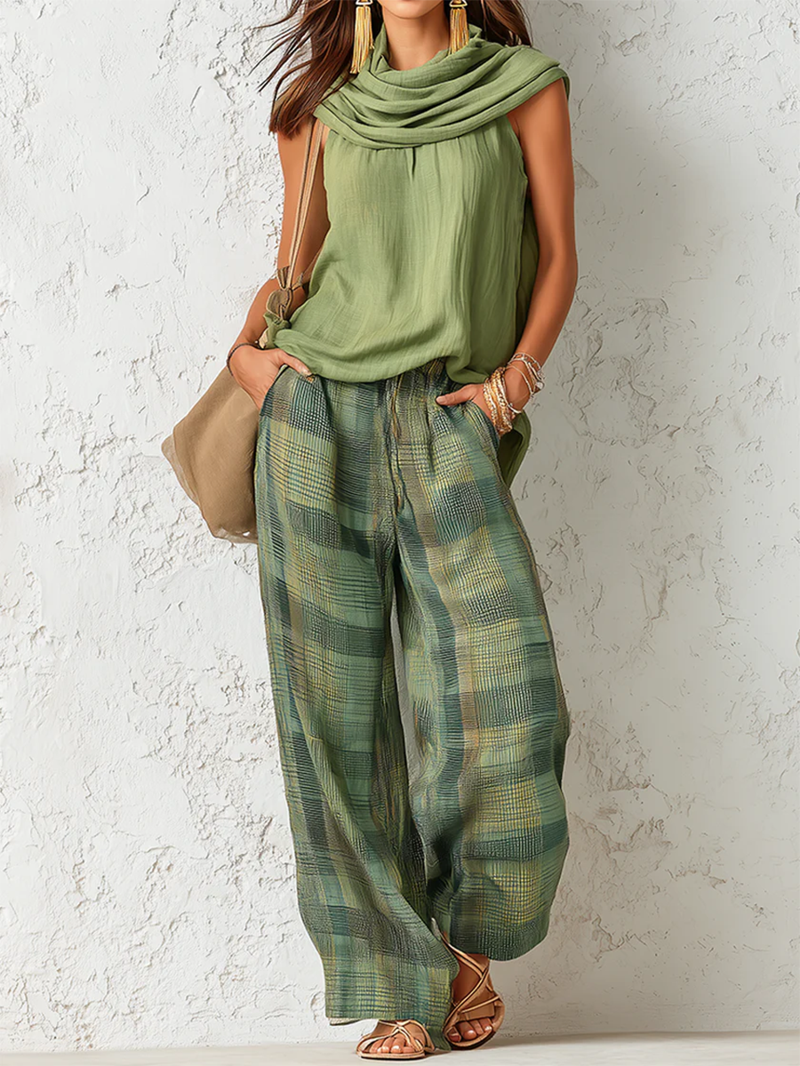 Sage™ | 3-Piece Cowl Neck Top, Scarf & Checkered Pants Ensemble