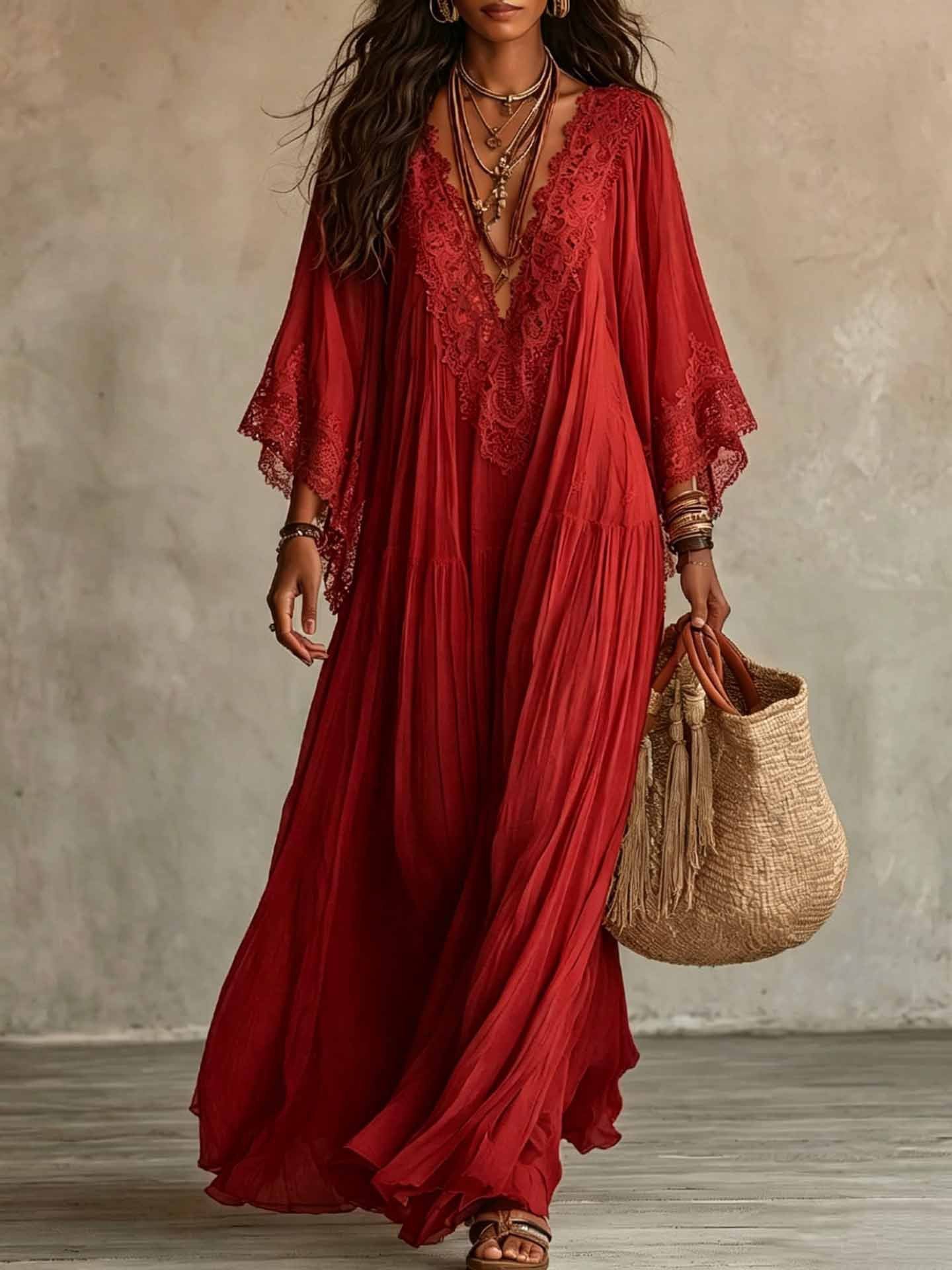 Roseveil™ | Lace-Trimmed Flowy Maxi Dress