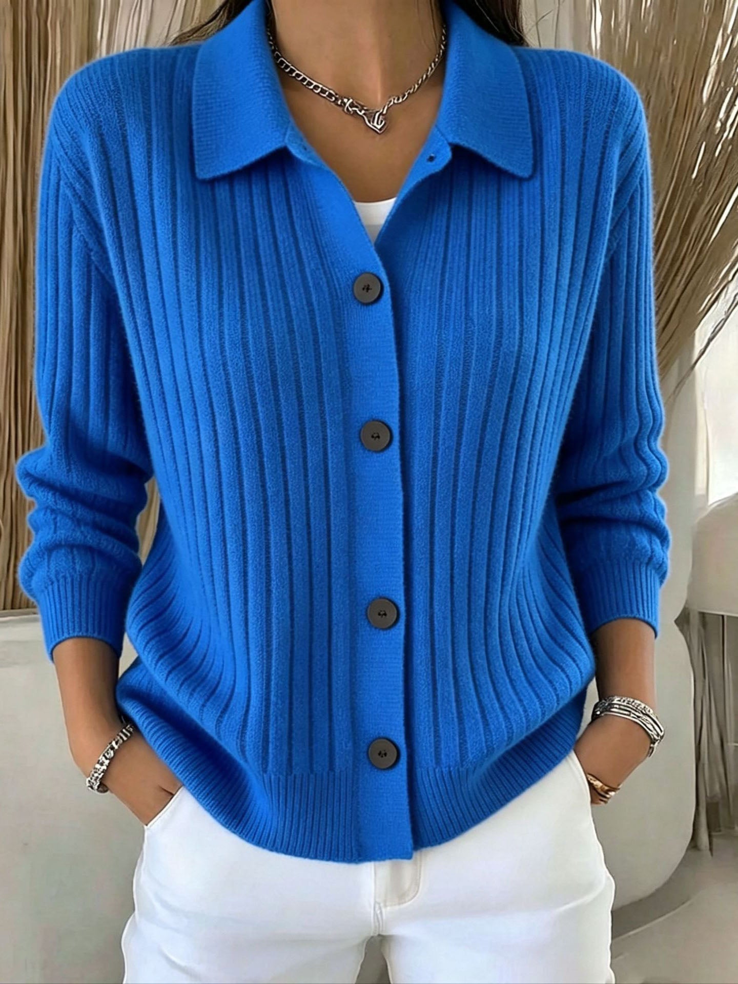 Merriwen™ | Vibrant Blue Ribbed Collared Button-down Cardigan Sweater