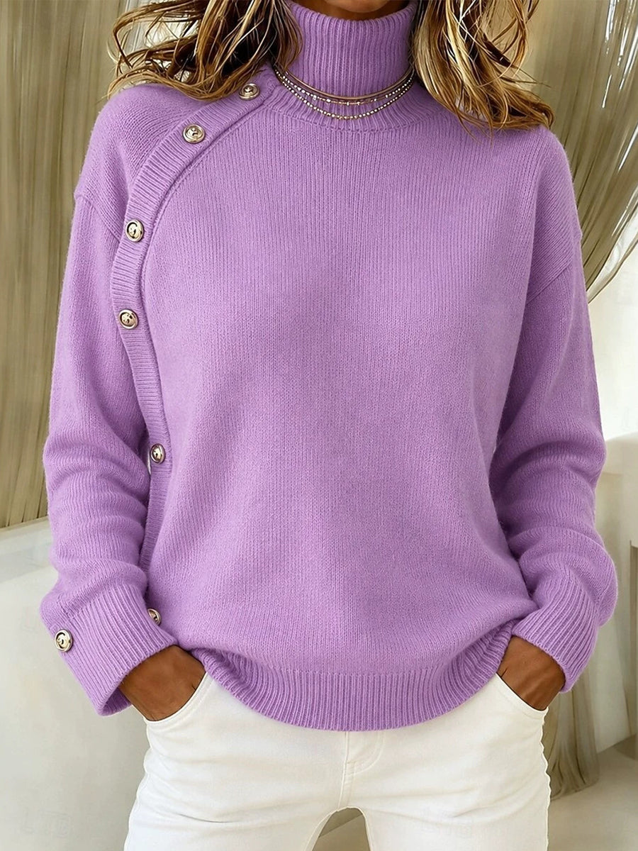Amelia | Elegant Crimson Asymmetrical Button Turtleneck Sweater