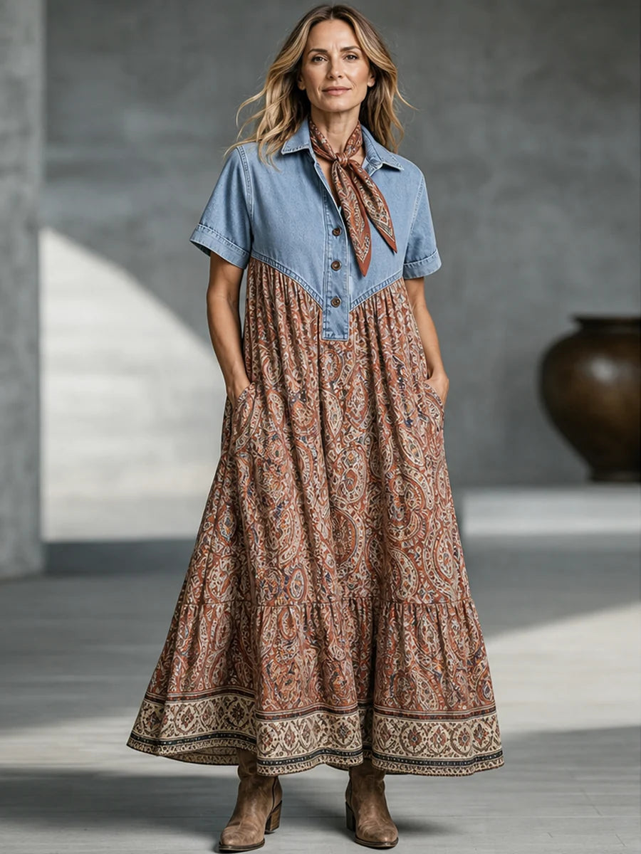 Cypress™ | Western Boho Denim-Patch Paisley Tiered Maxi Dress