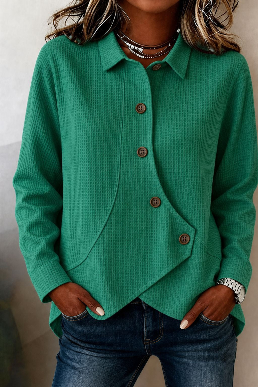 Clavine™ | Asymmetric Button-Front Collared Blouse