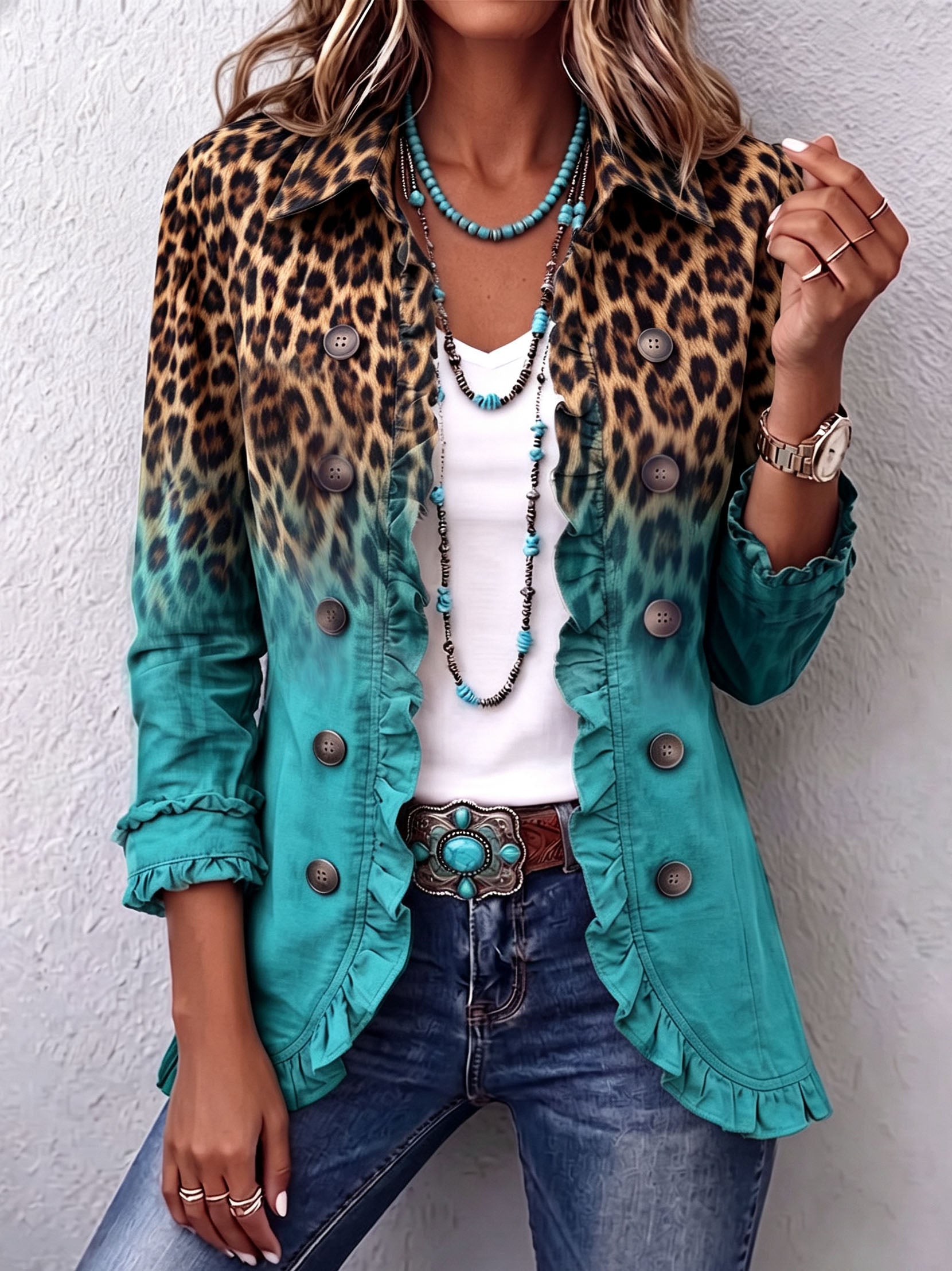 Elspeth™ | Leopard Ombre Ruffle Blazer Jacket
