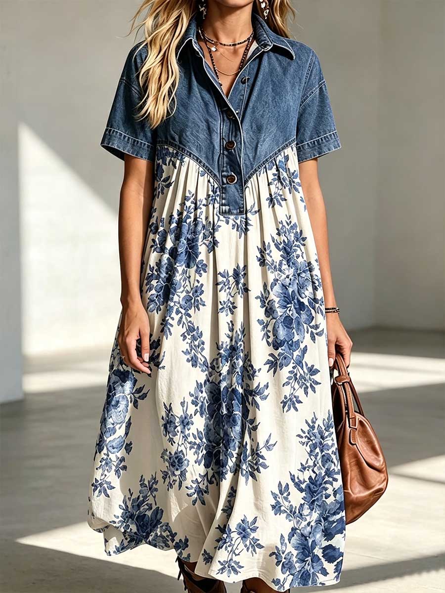 Hollybrook™ | Collared Short-Sleeve Patchwork Retro Floral Midi Dress