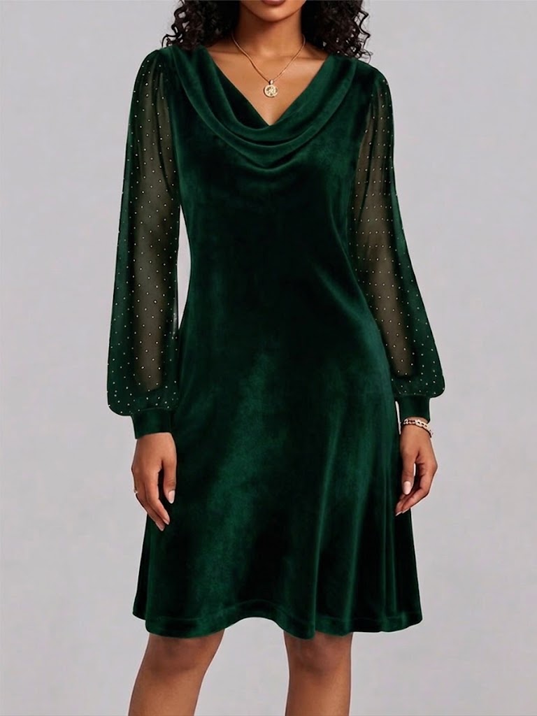 Reevaine™ | Long-Sleeve Cowl Neck Dress with Embellished Sleeves