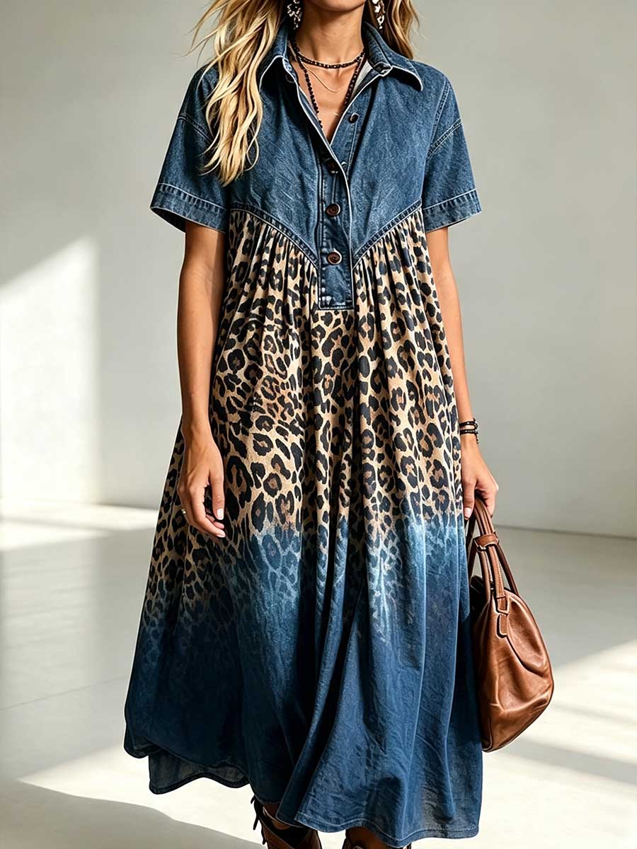 Jorvelle™ | Collared Short-Sleeve Casual Loose Patchwork Gradient Leopard Print Dress