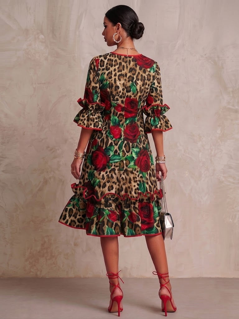 Nolande™ | Leopard & Rose Print Ruffle Midi Dress