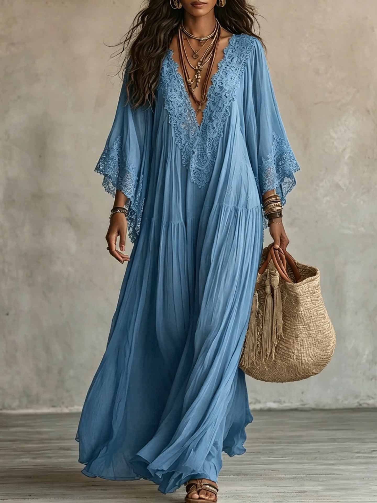 Roseveil™ | Lace-Trimmed Flowy Maxi Dress