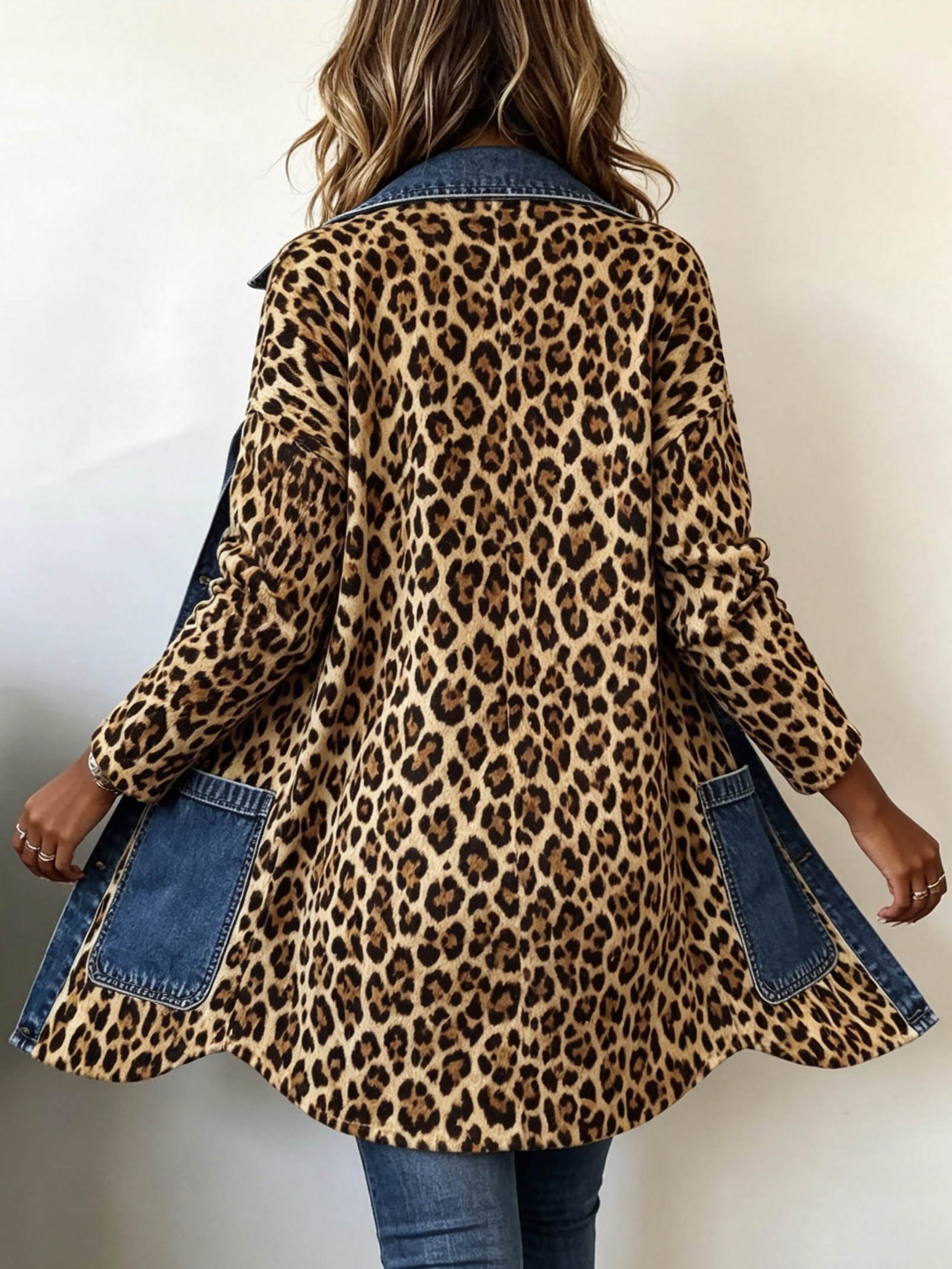 Fablenne™ | Leopard Print Denim Panel Contrast Longline Jacket