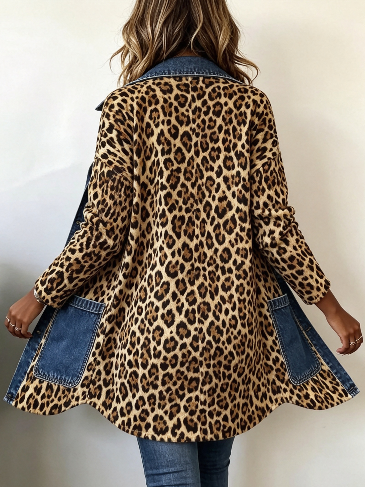 Women's Leopard Print Denim Panel Contrast Longline Jacket