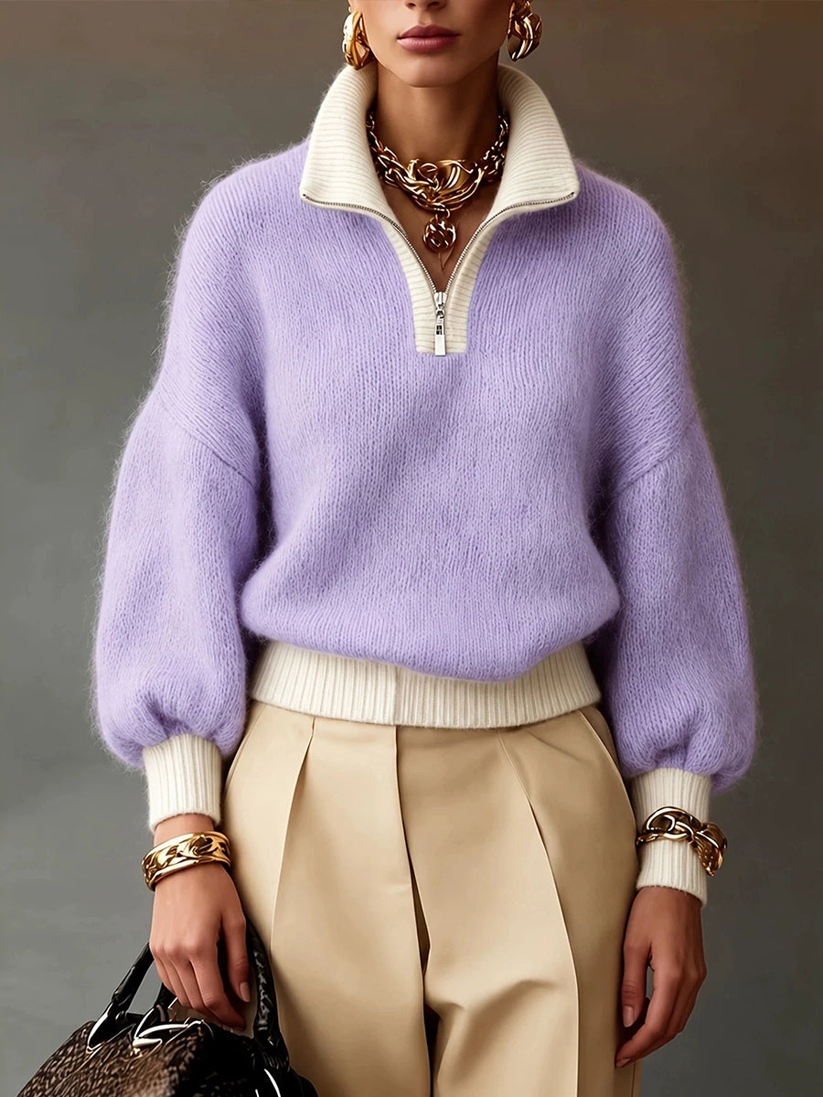 Nadia™ | Contrast-Trim Half-Zip Sweater