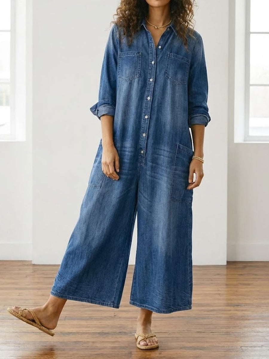 Sandy | Vintage Washed Soft Cotton Denim Jumpsuit with Button Closure