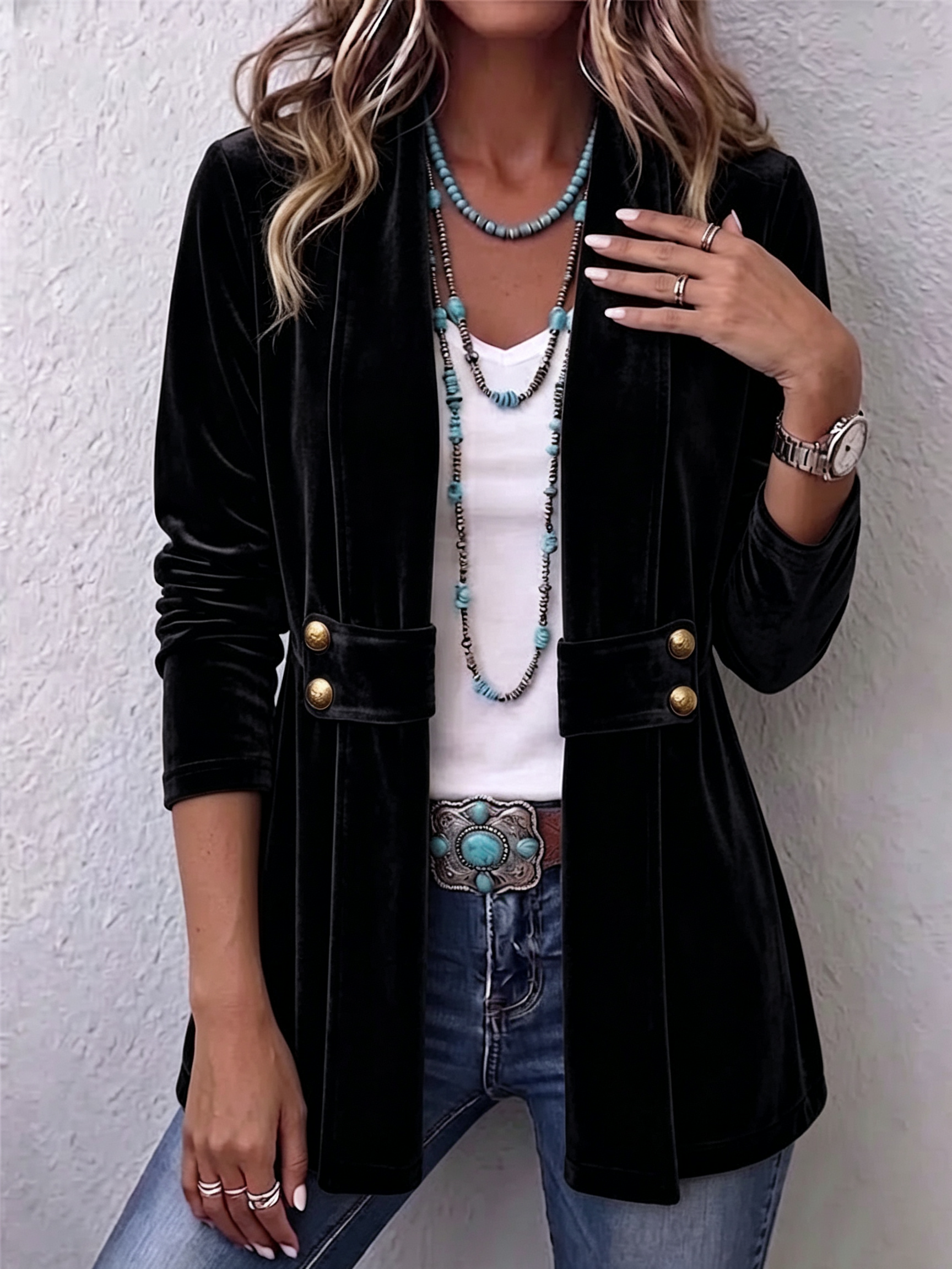 Holliwell™ | Vintage Lapel Button-Accent Long Sleeve Open Front Jacket