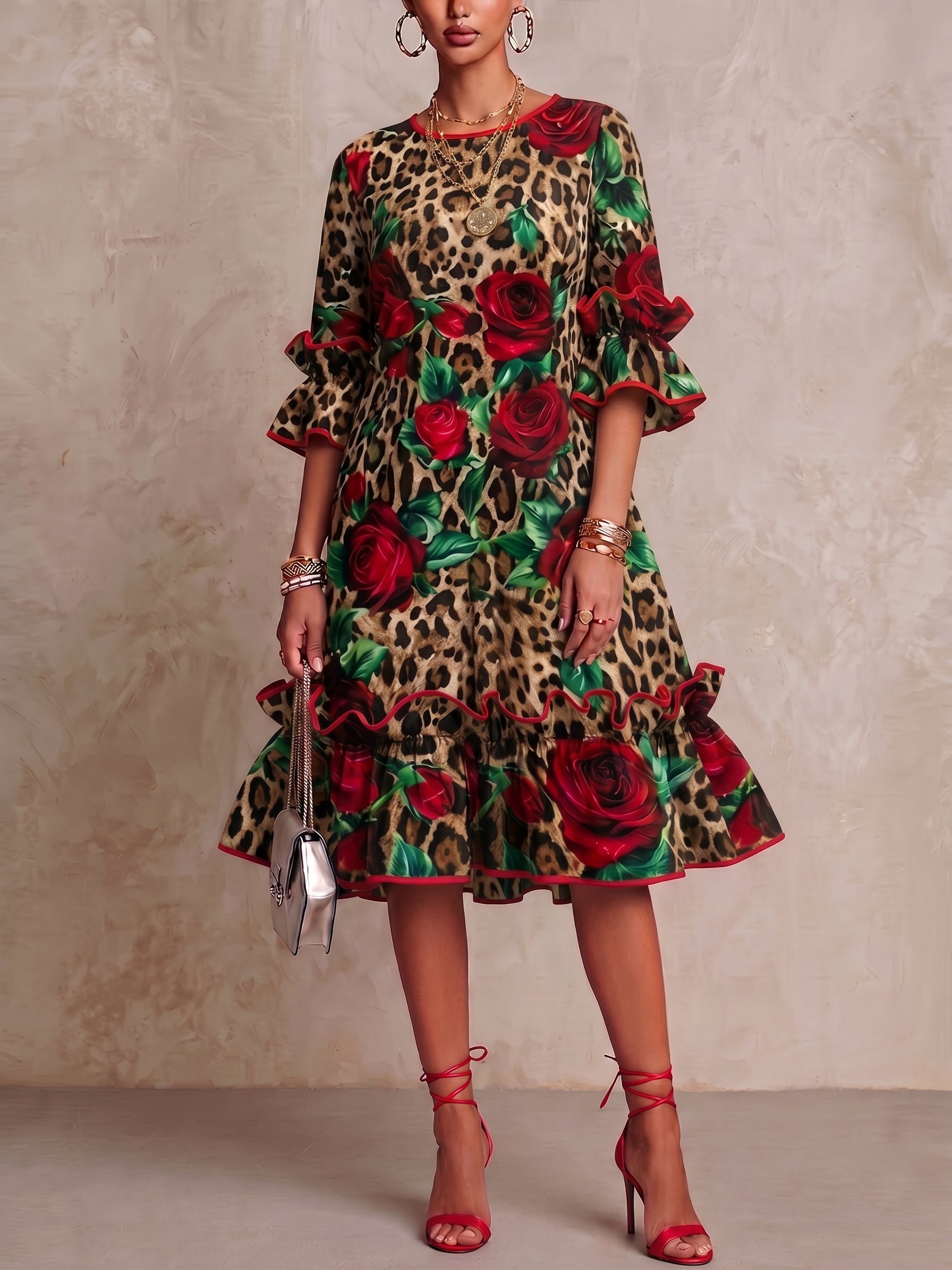 Nolande™ | Leopard & Rose Print Ruffle Midi Dress