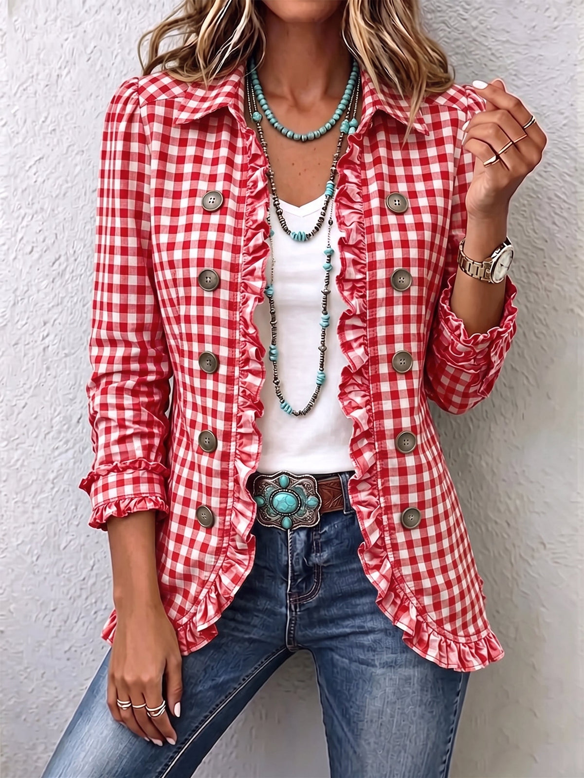 Women's Gingham Ruffled Button-Down Jacket