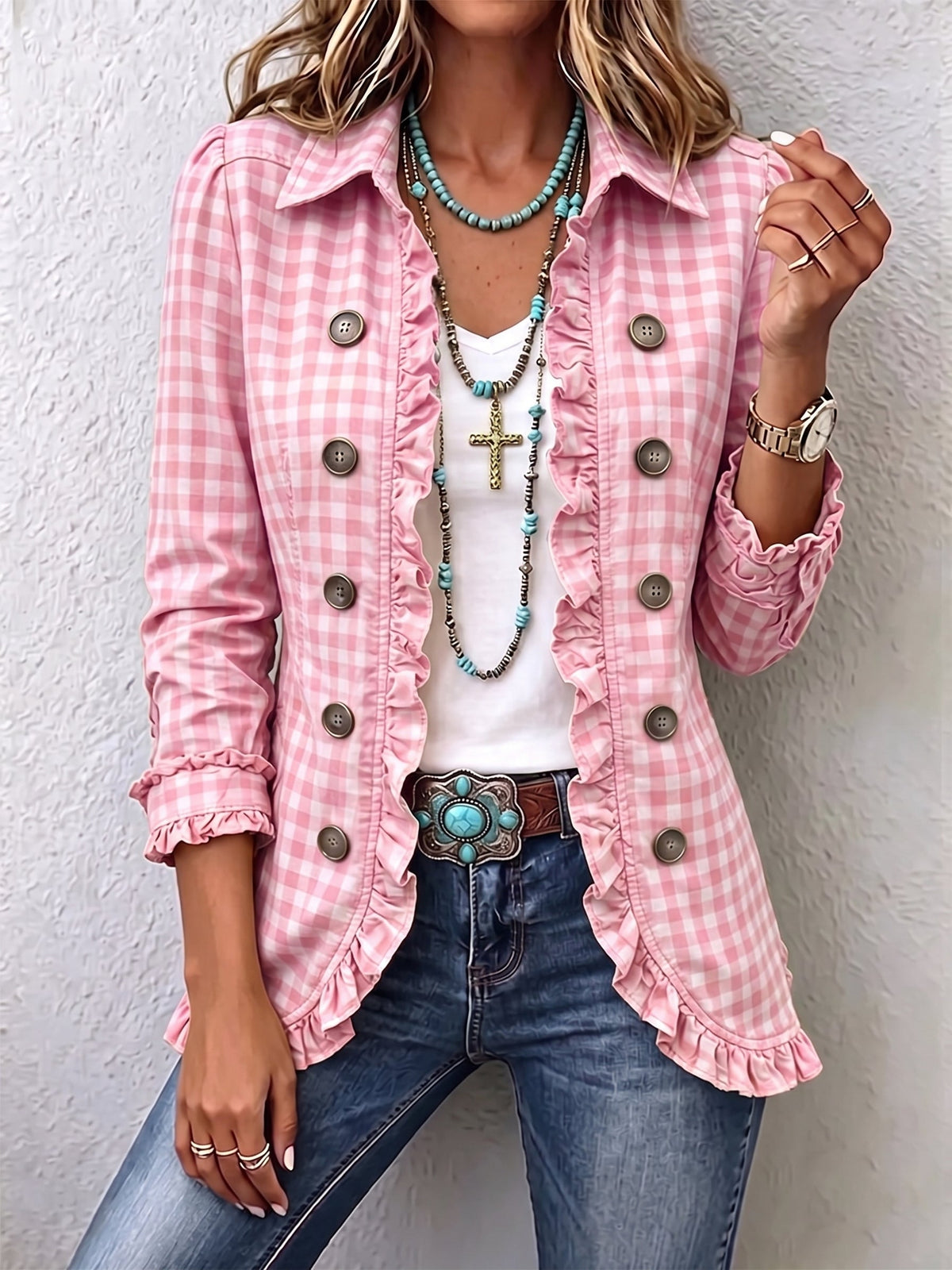 Women's Gingham Ruffled Button-Down Jacket