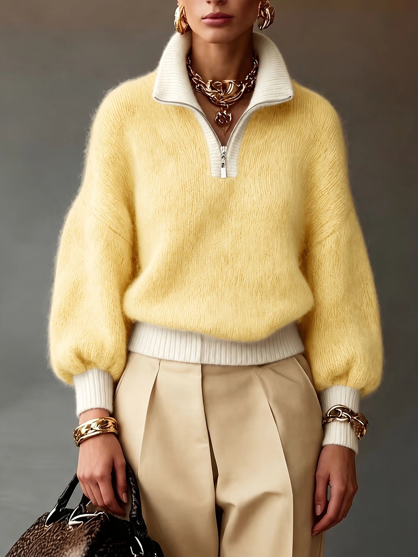 Nadia™ | Contrast-Trim Half-Zip Sweater