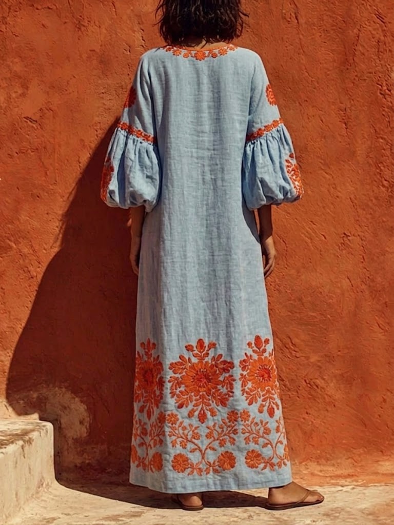 Priscilla™ | Bohemian Floral Embroidered Lantern-Sleeve Maxi Dress