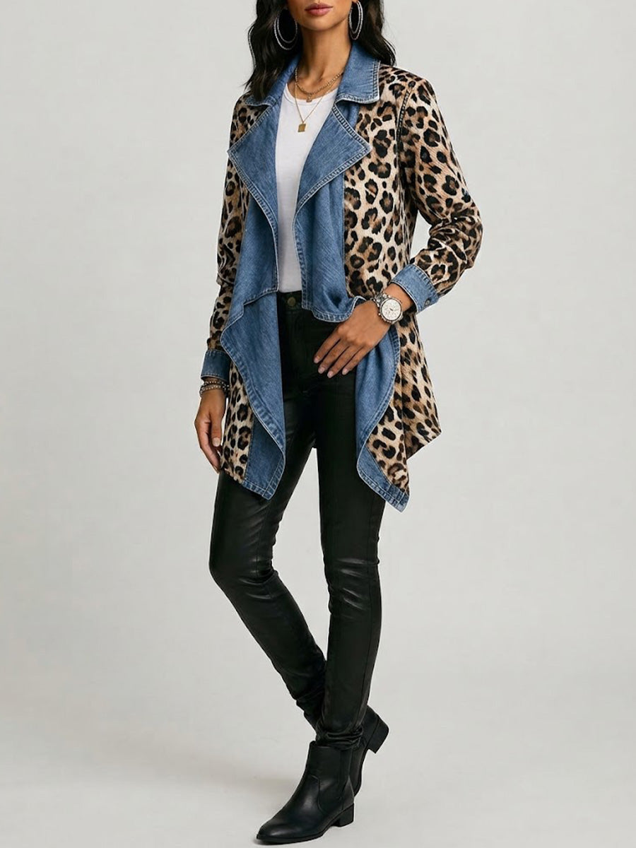 Women's Leopard Print & Washed Denim Paneled Mid-Length Jacket