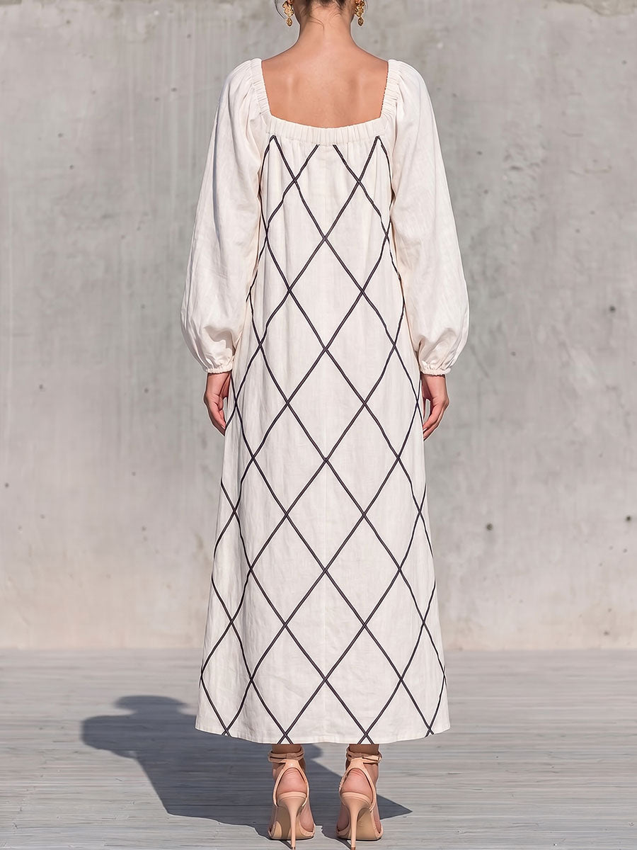Annevieve™ | Geometric Diamond Lattice Square Neck Long-Sleeve Midi Dress