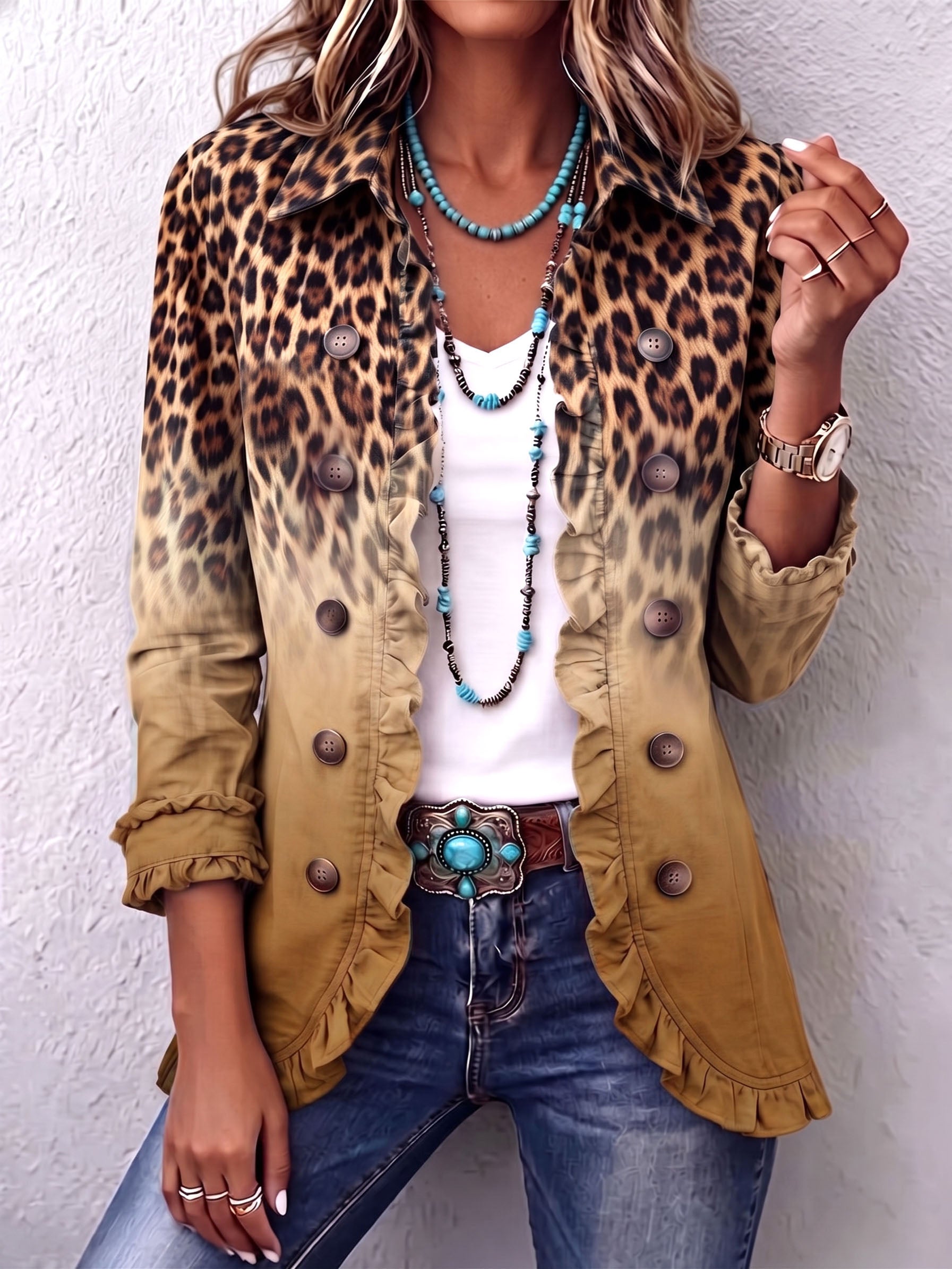 Elspeth™ | Leopard Ombre Ruffle Blazer Jacket