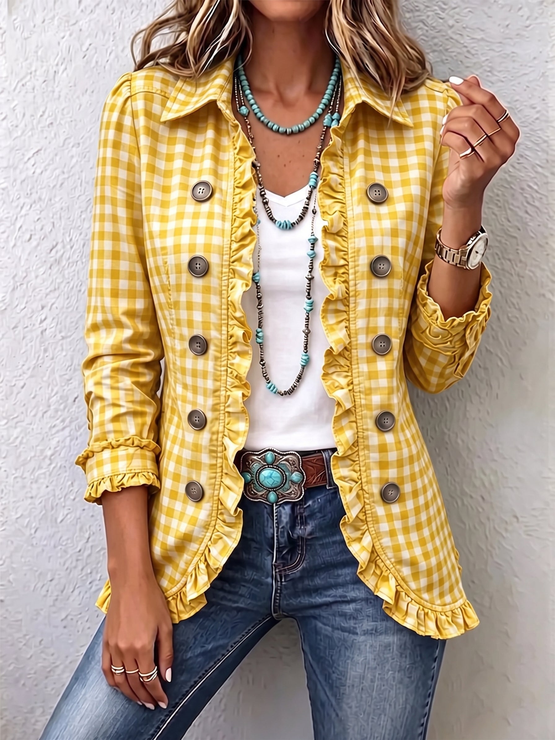 Charlene™ | Gingham Ruffled Button-Down Jacket