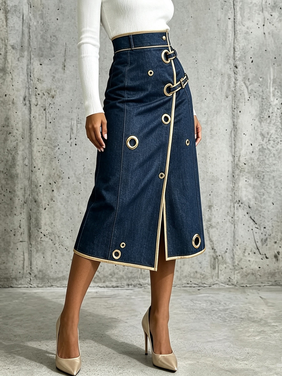 Noelle™ | High-Waist Wrap Midi Skirt with Gold Piping