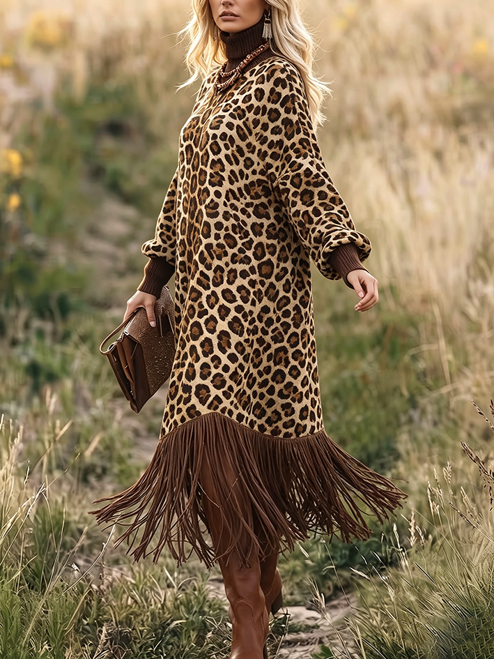 Savanna™ | Leopard Print Fringe Sweater Dress