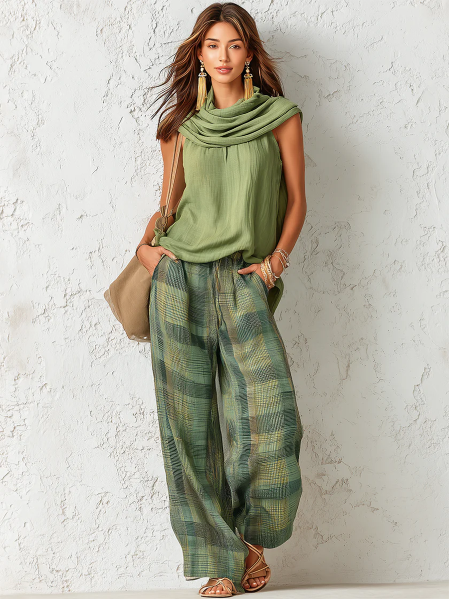 Sage™ | 3-Piece Cowl Neck Top, Scarf & Checkered Pants Ensemble