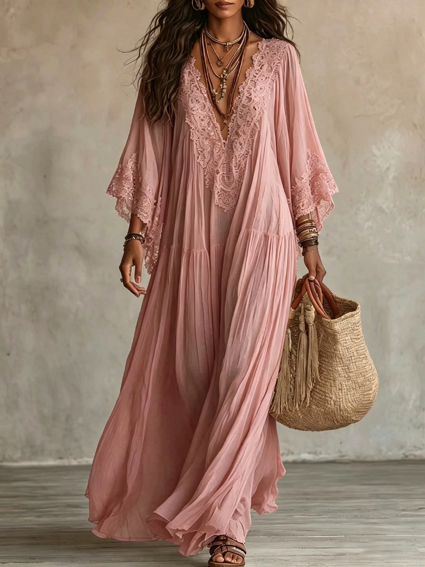 Roseveil™ | Lace-Trimmed Flowy Maxi Dress