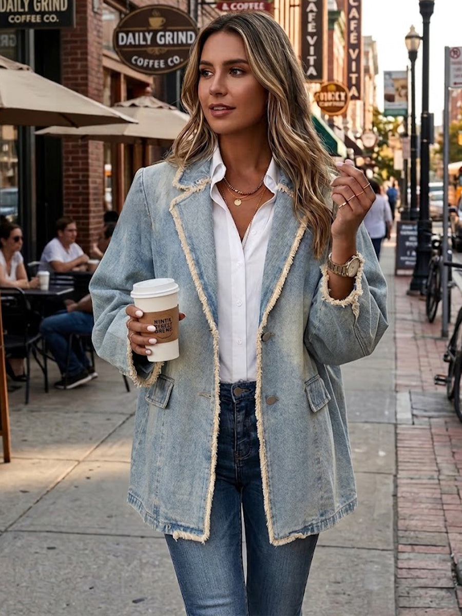 Women's Vintage-Style Oversized Blazer with Raw Edges