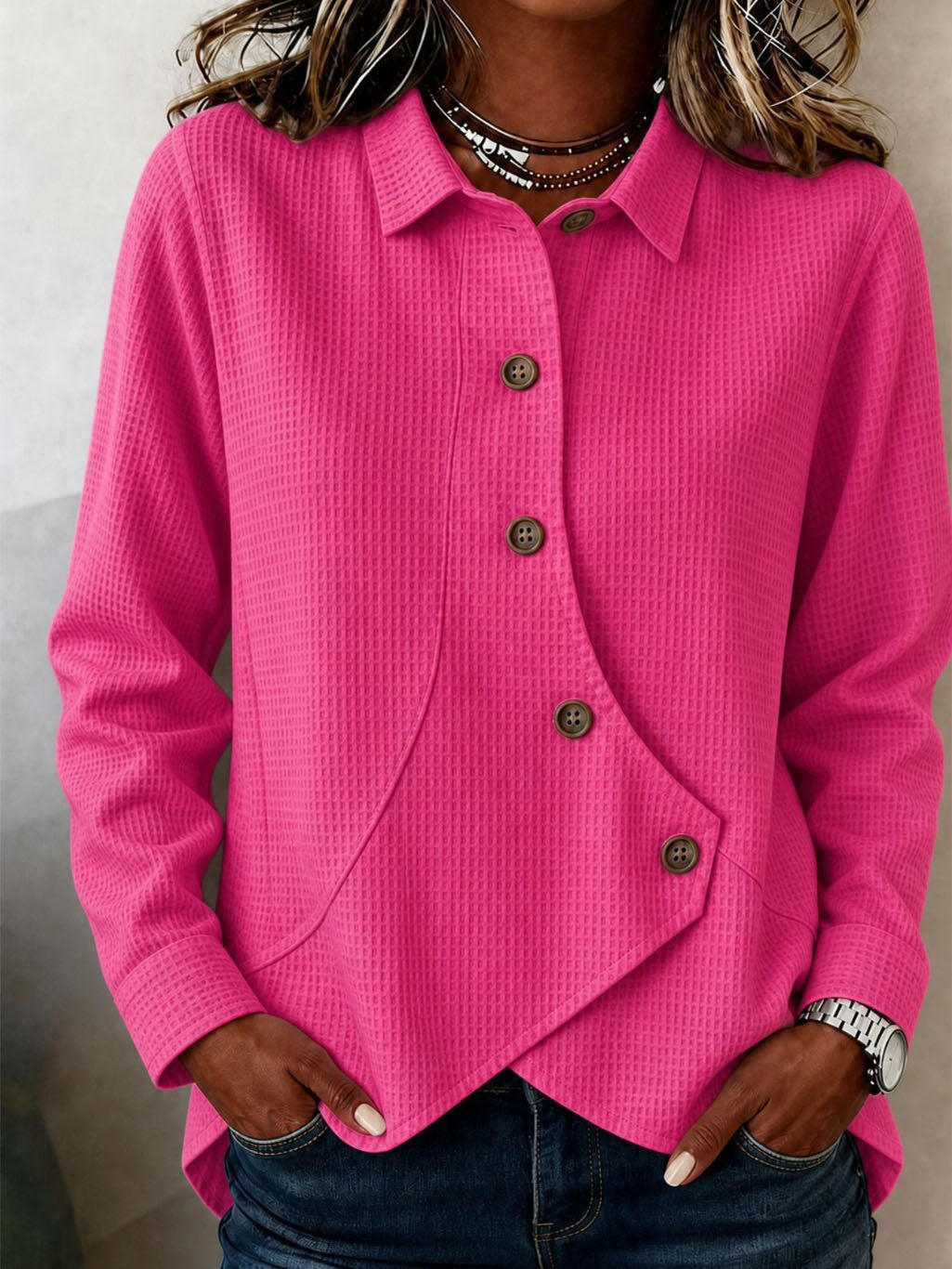 Clavine™ | Asymmetric Button-Front Collared Blouse