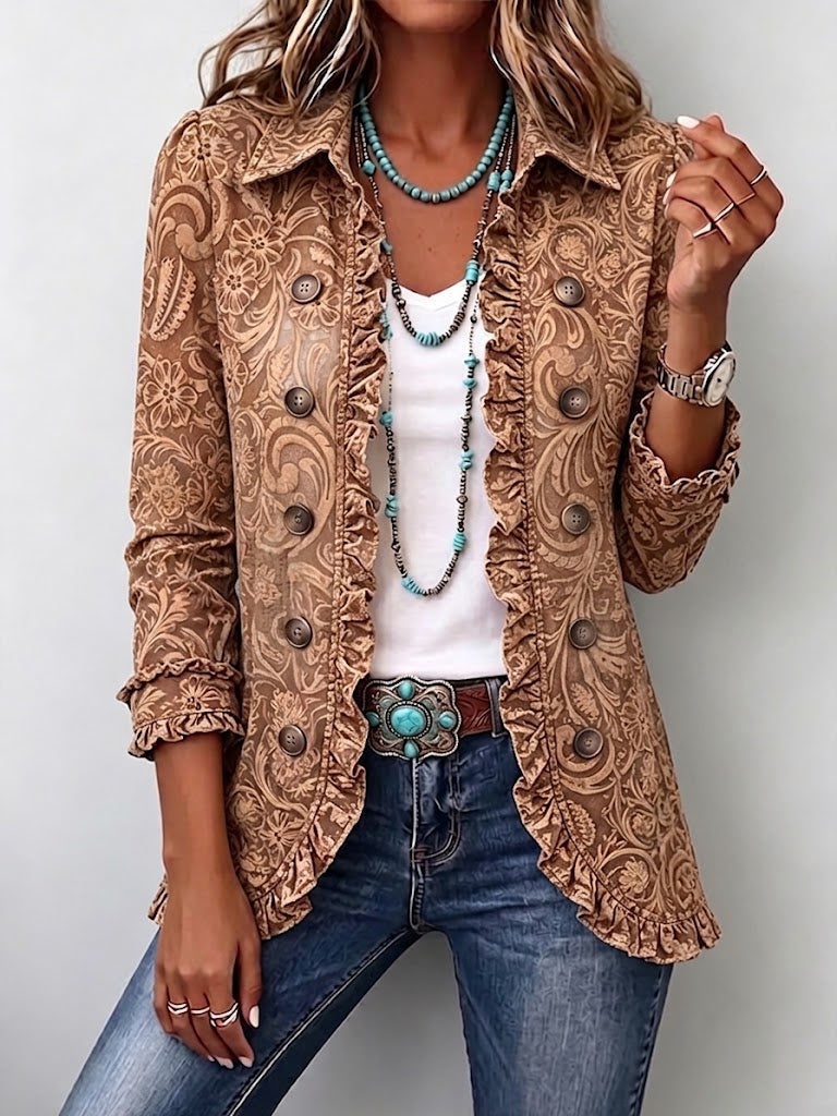 Women's Vintage Bohemian Floral Print Ruffled Jacket